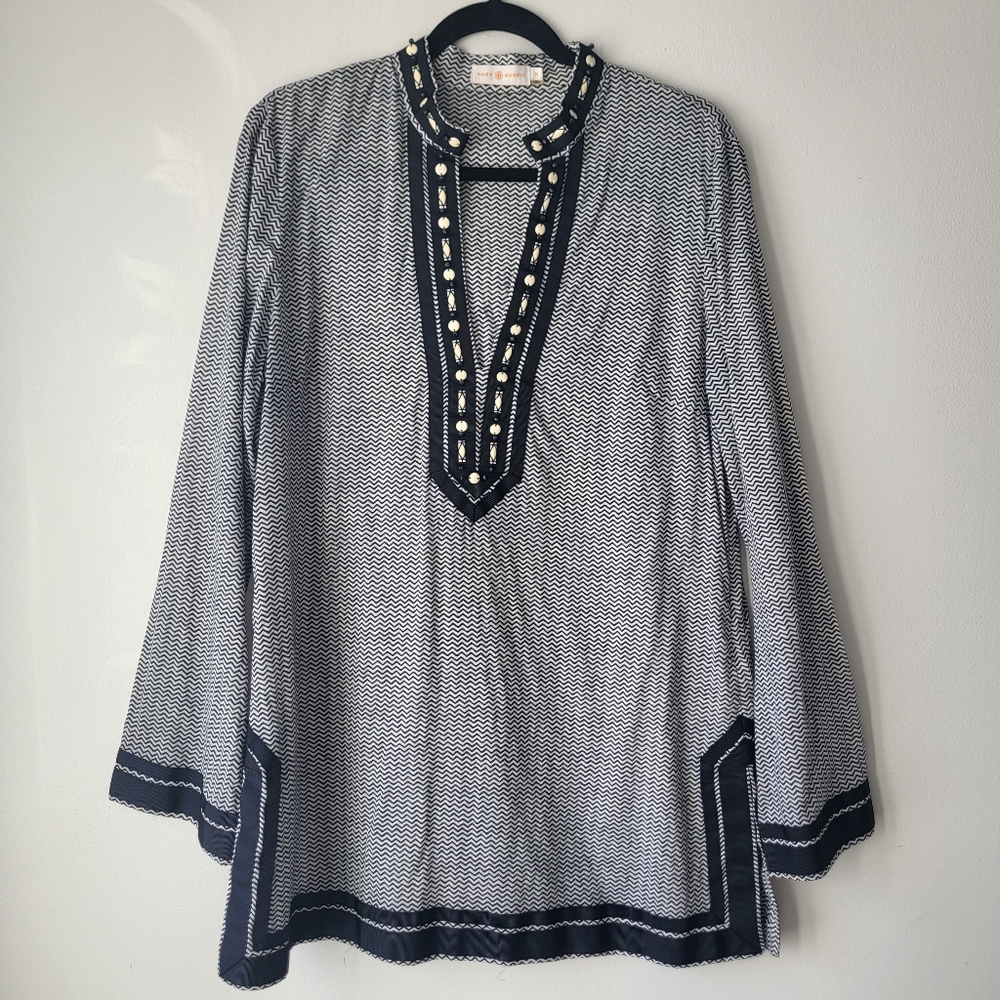Tory Burch Black and White Zigzag Coastal Beach Vacation Tunic Top Shirt